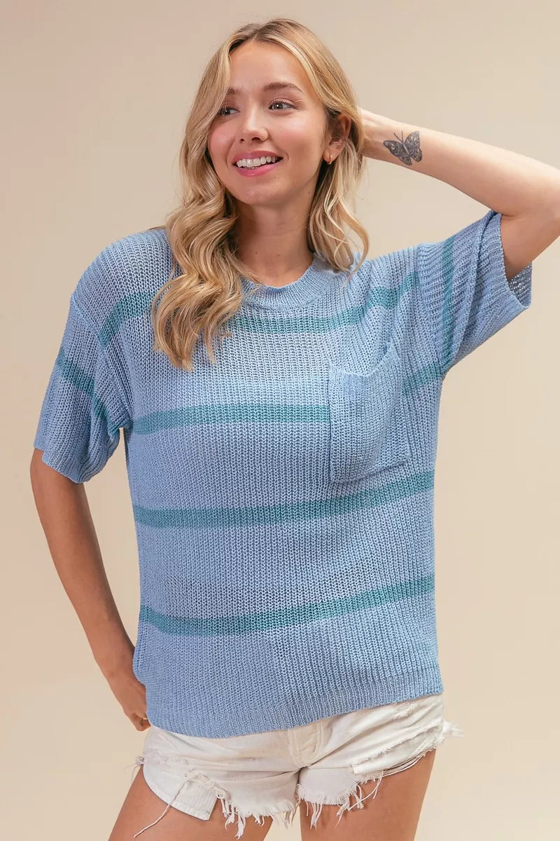 BiBi Patch Pocket Striped Lightweight Sweater Top - Sleekdenim.com