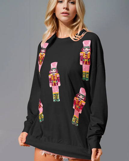 Double Take Sequin Nutcracker Round Neck Long Sleeve Sweatshirt - Sleekdenim.com