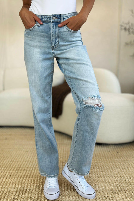 Judy Blue Full Size High Waist Distressed Straight Jeans | Sleekdenim.com