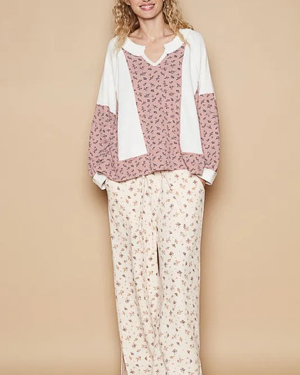POL Waffle Knit Floral Notched Long Sleeve Top - Sleekdenim.com