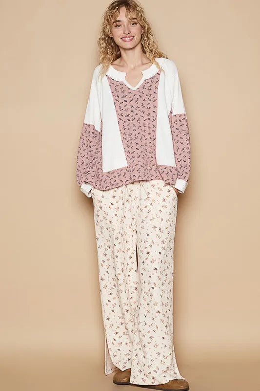 POL Waffle Knit Floral Notched Long Sleeve Top - Sleekdenim.com