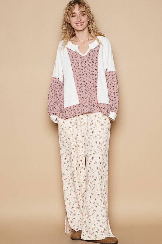 POL Waffle Knit Floral Notched Long Sleeve Top | Sleekdenim.com