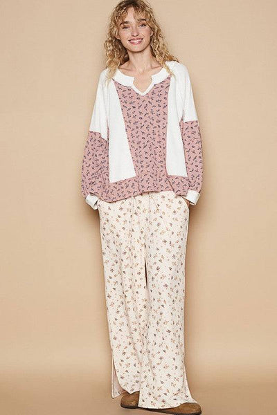 POL Waffle Knit Floral Notched Long Sleeve Top | Sleekdenim.com