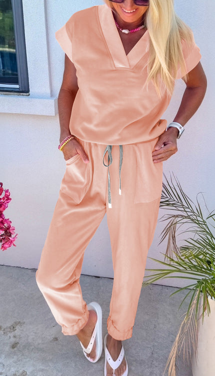 Bonbon Solid Color V Neck Tee Drawstring Pant Set - Sleekdenim.com