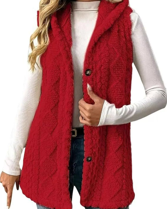 Hooded Button-Up Sherpa Vest Coat - Sleekdenim.com