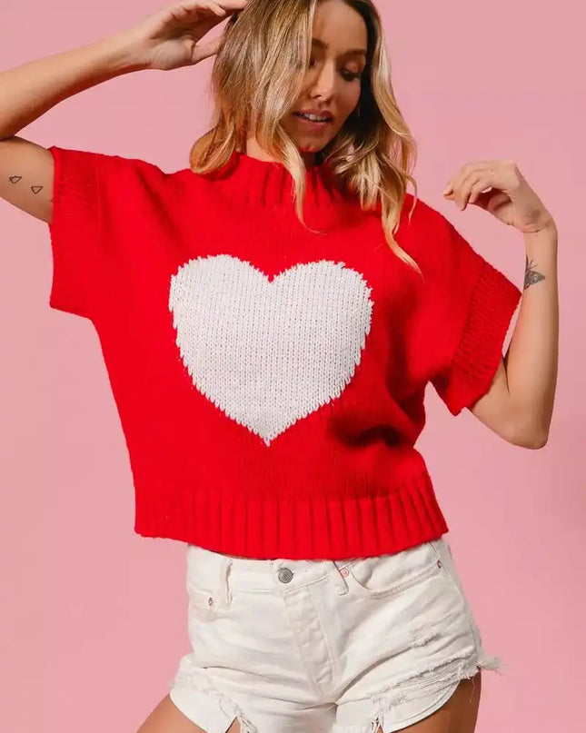 BiBi Rib Banded Heart Pattern Valentines Sweater - Sleekdenim.com