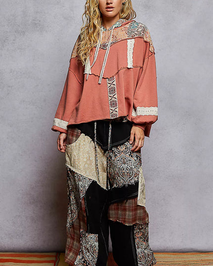 POL Drawstring French Terry Hoodie with Gauze Print Patch - Sleekdenim.com