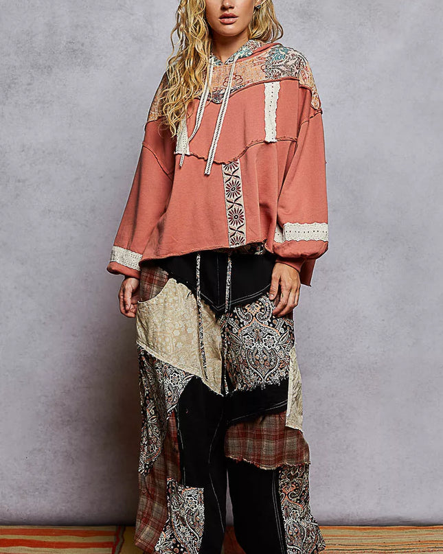 POL Drawstring French Terry Hoodie with Gauze Print Patch - Sleekdenim.com