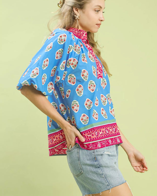 Umgee Boho Border Print Peasant Top - Sleekdenim.com