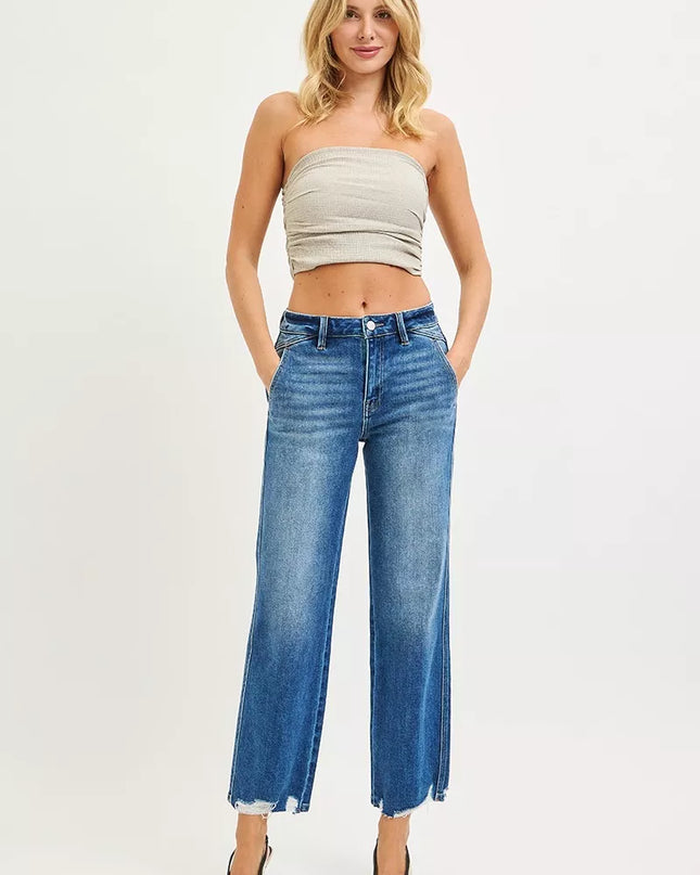 RISEN High Rise Ankle Straight Distressed Hem Detail Jeans - Sleekdenim.com