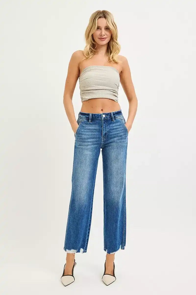 RISEN High Rise Ankle Straight Distressed Hem Detail Jeans - Sleekdenim.com