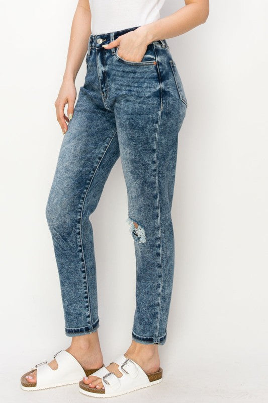 AT1061MMD HIGH RISE STRETCH DISTRESSED MOM JEANS - Sleekdenim.com