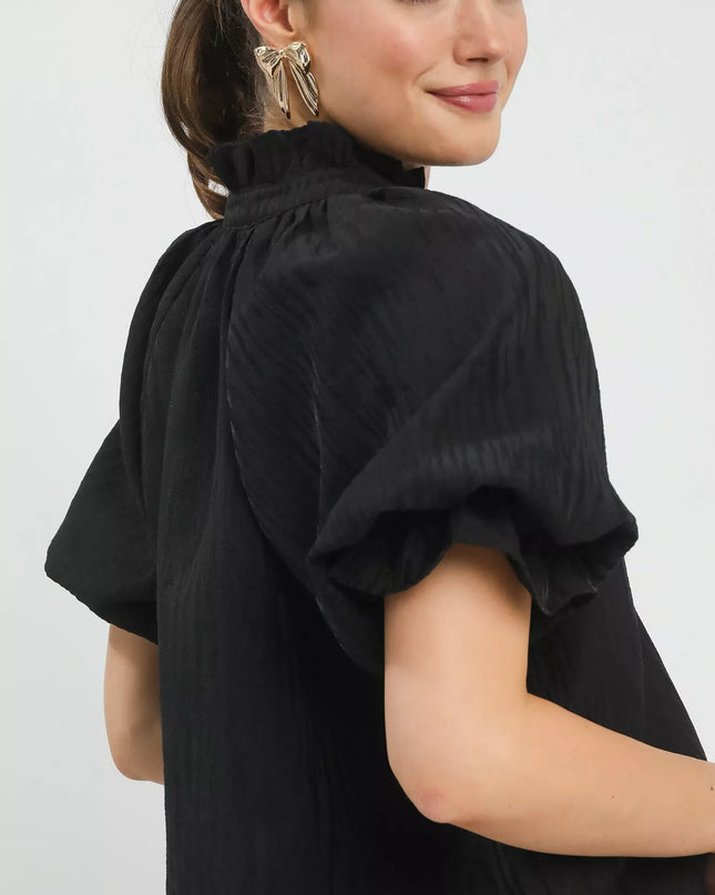 Umgee Textured Puff Sleeve Split Neck Top - Sleekdenim.com