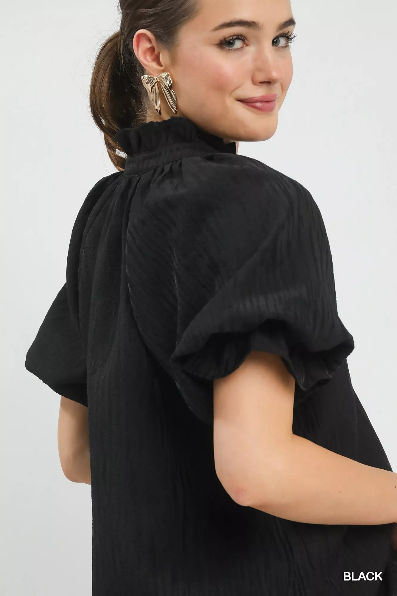 Umgee Textured Puff Sleeve Split Neck Top - Sleekdenim.com