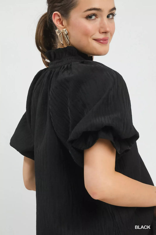 Umgee Textured Puff Sleeve Split Neck Top - Sleekdenim.com