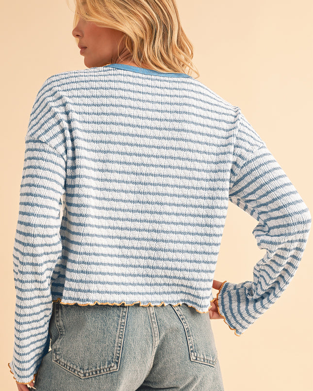 Sky Blue Stripe Textured Long Sleeve Henley Top