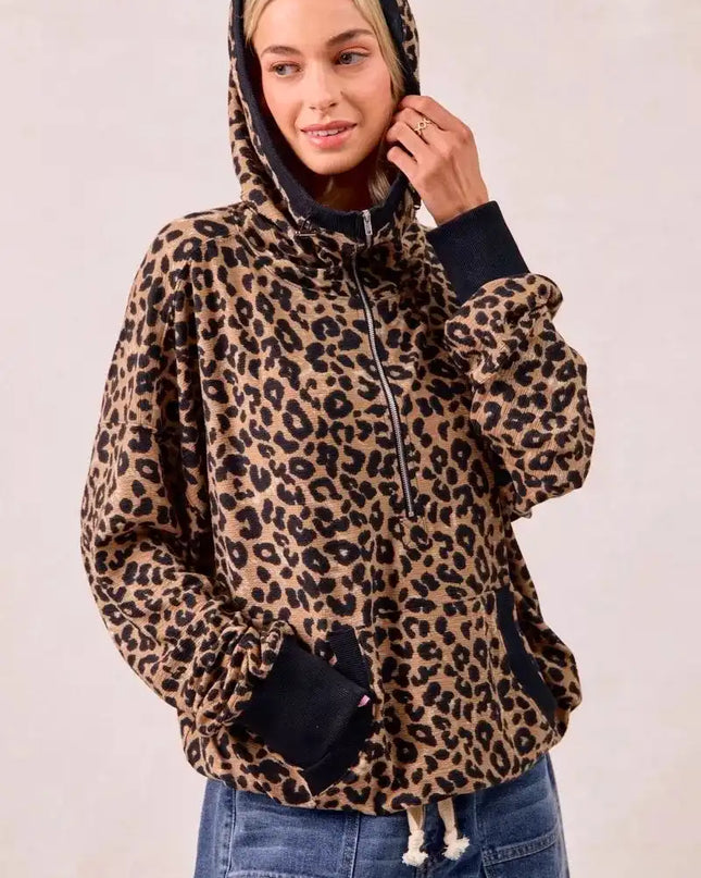 BiBi Leopard Print Waffle Half Zip Up Hoodie W Pocket - Sleekdenim.com