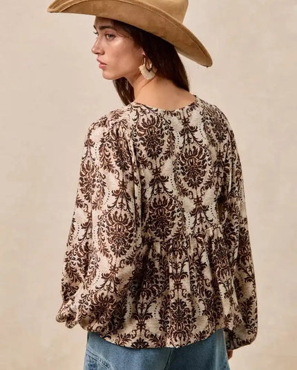 BiBi Printed Woven Front Tied Blouse with Baloon Sleeve - Sleekdenim.com