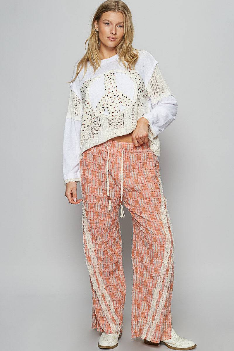 POL Lace Trim Drawstring Checkered Wide Leg Pants | Sleekdenim.com