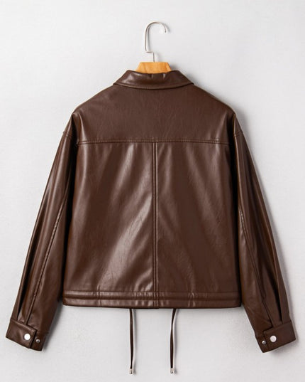 Leather Drawstring Hem Pocketed Jacket - Sleekdenim.com