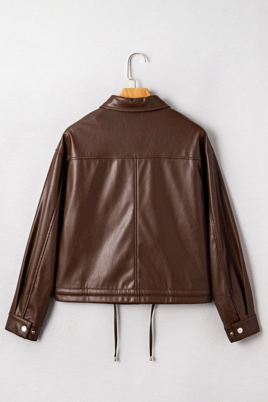 Leather Drawstring Hem Pocketed Jacket - Sleekdenim.com