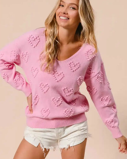 BiBi Valentines Heart Pompom V Neck Knit Top - Sleekdenim.com
