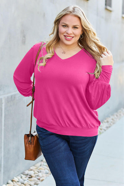 Basic Bae Full Size V-Neck Lantern Sleeve Top Hot Pink