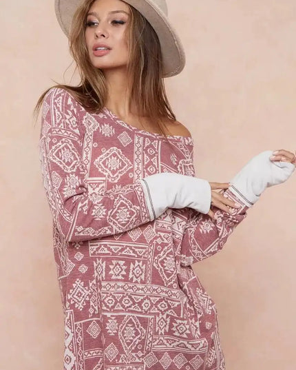 BiBi Aztec Print French Terry Top with Thumb Opening - Sleekdenim.com