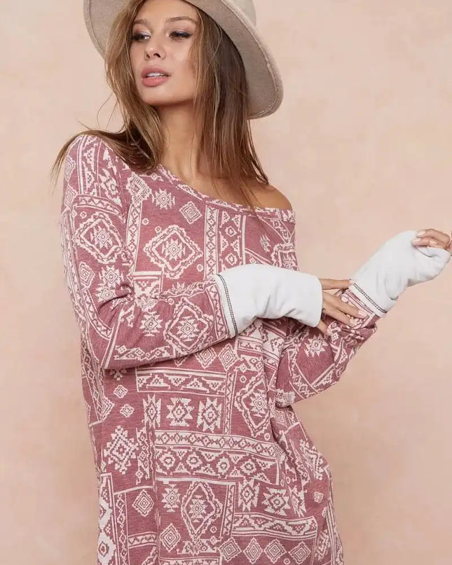 BiBi Aztec Print French Terry Top with Thumb Opening - Sleekdenim.com