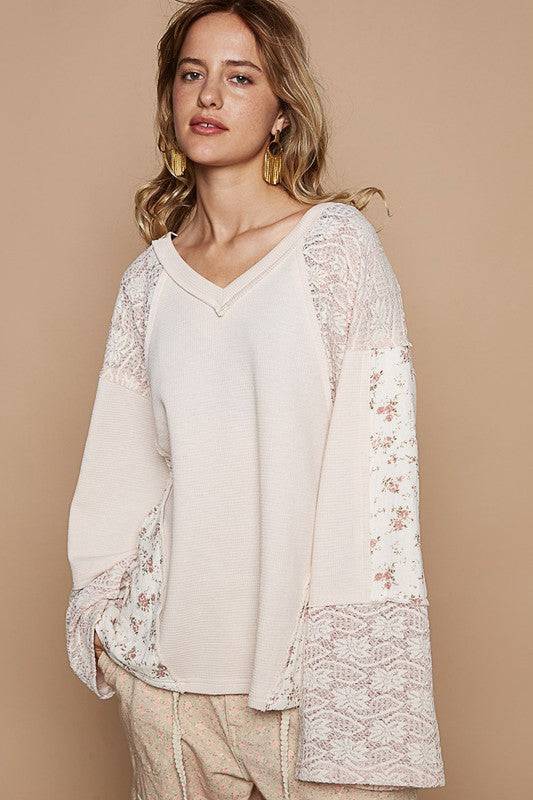 POL Lace Floral Round Neck Knit Top | Sleekdenim.com