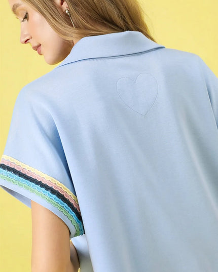 Umgee Contrast Trim Half Zip Collared Blouse - Sleekdenim.com