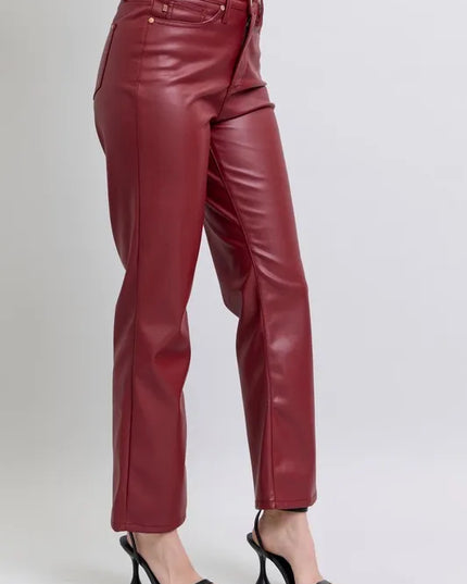 Judy Blue Full Size High Waist Tummy Control Faux Leather Straight Pants Plus Size - Sleekdenim.com