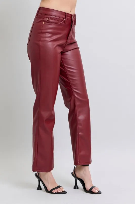 Judy Blue Full Size High Waist Tummy Control Faux Leather Straight Pants Plus Size - Sleekdenim.com