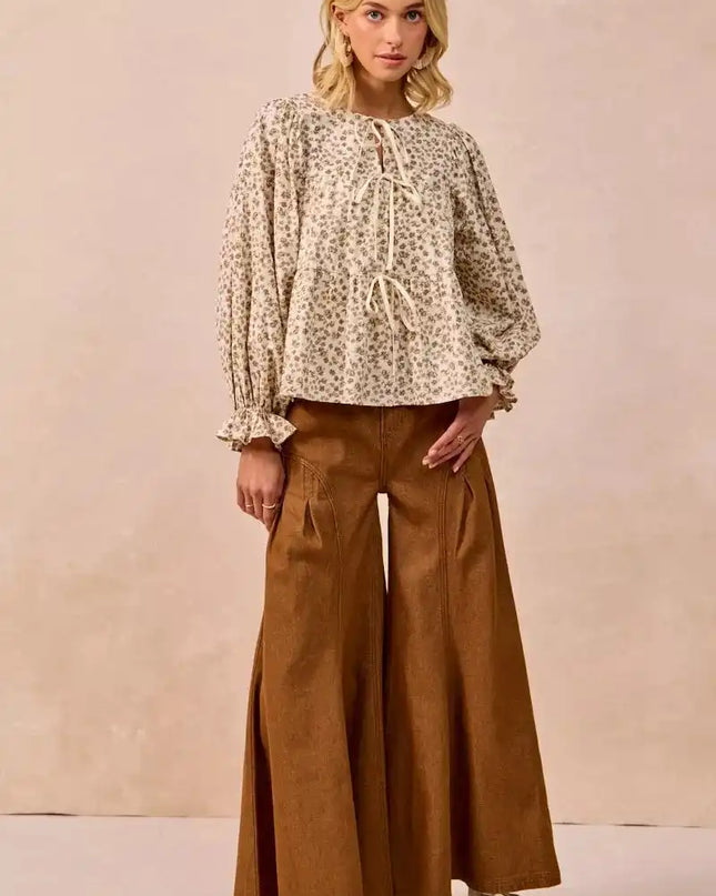 BiBi Floral Printed Peplum Blouse with Shirring and Tied - Sleekdenim.com