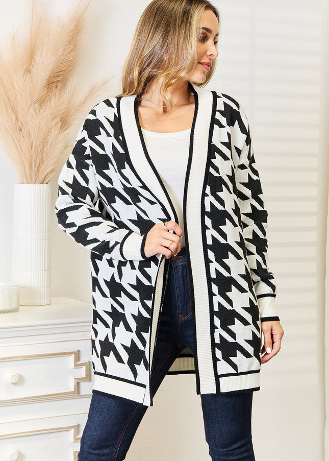 Mandy Woven Right Houndstooth Open Front Longline Cardigan - Sleekdenim.com