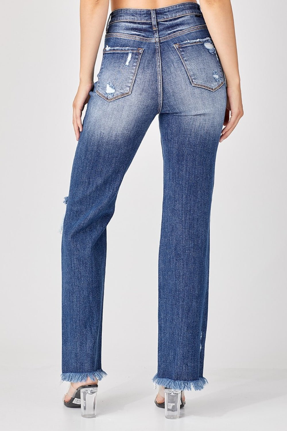 Risen Full Size Raw Hem Distressed Straight Jeans | Sleekdenim.com