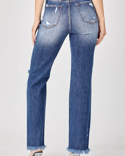 Risen Full Size Raw Hem Distressed Straight Jeans - Sleekdenim.com