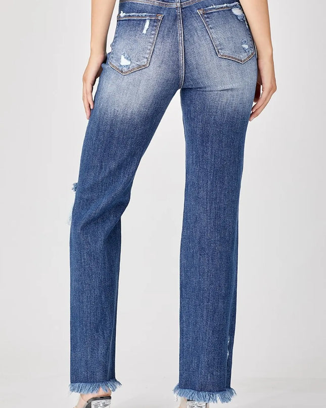 Risen Full Size Raw Hem Distressed Straight Jeans - Sleekdenim.com