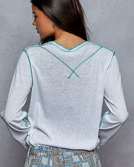 POL Round Neck Long Sleeve Top with Contrast Stitching - Sleekdenim.com
