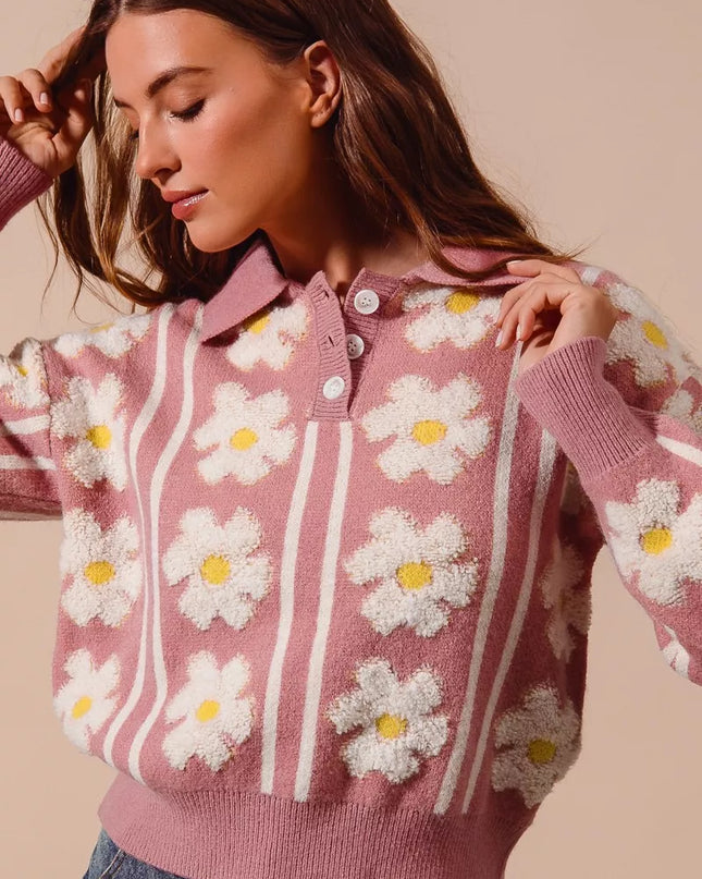 SO ME Floral Stripe Polo Collar Sweater - Sleekdenim.com