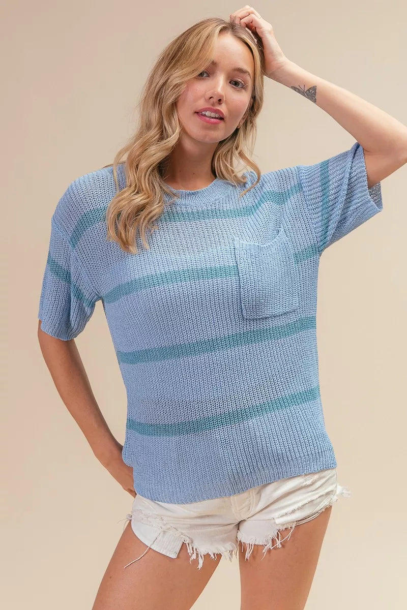 BiBi Patch Pocket Striped Lightweight Sweater Top - Sleekdenim.com