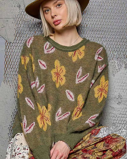 POL Floral Pattern Round Neck Balloon Sleeve Sweater - Sleekdenim.com