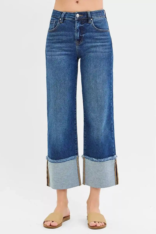 RISEN Mid Rise Crop Wide Wide Cuffed Jeans PWC21289 - Sleekdenim.com
