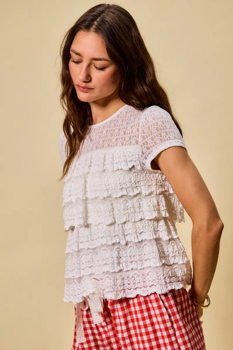 SO ME Ruffle Tiered Stretch Lace Short Sleeves Knit Top - Sleekdenim.com
