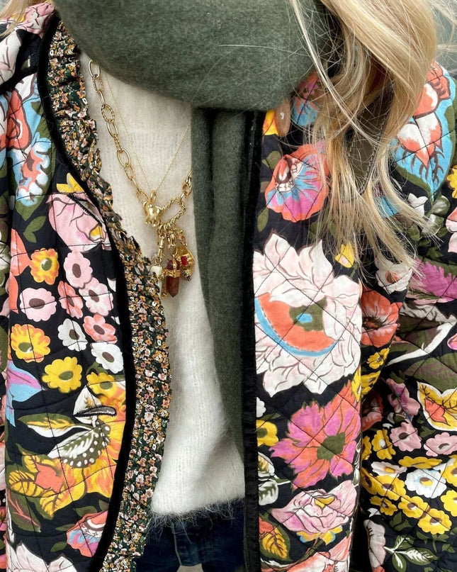 Full Size Floral Print Quilted Sherpa-Lined Jacket Plus Size - Sleekdenim.com