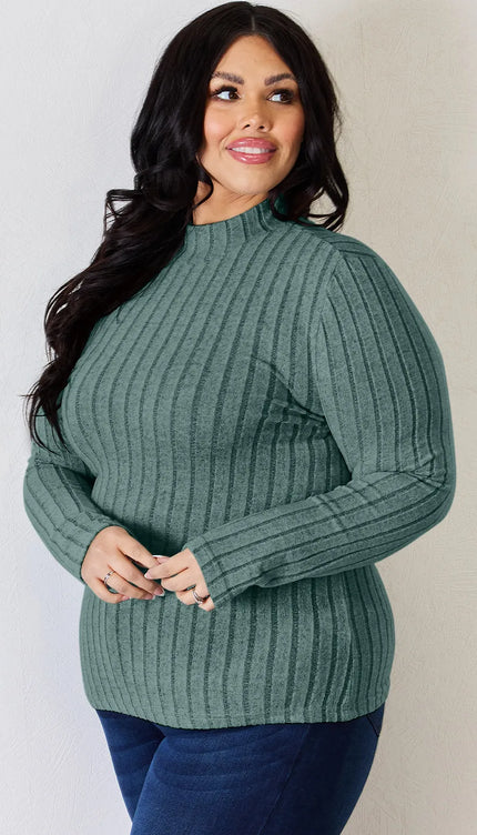 Basic Bae Full Size Ribbed Mock Neck Long Sleeve T-Shirt - Trendsi