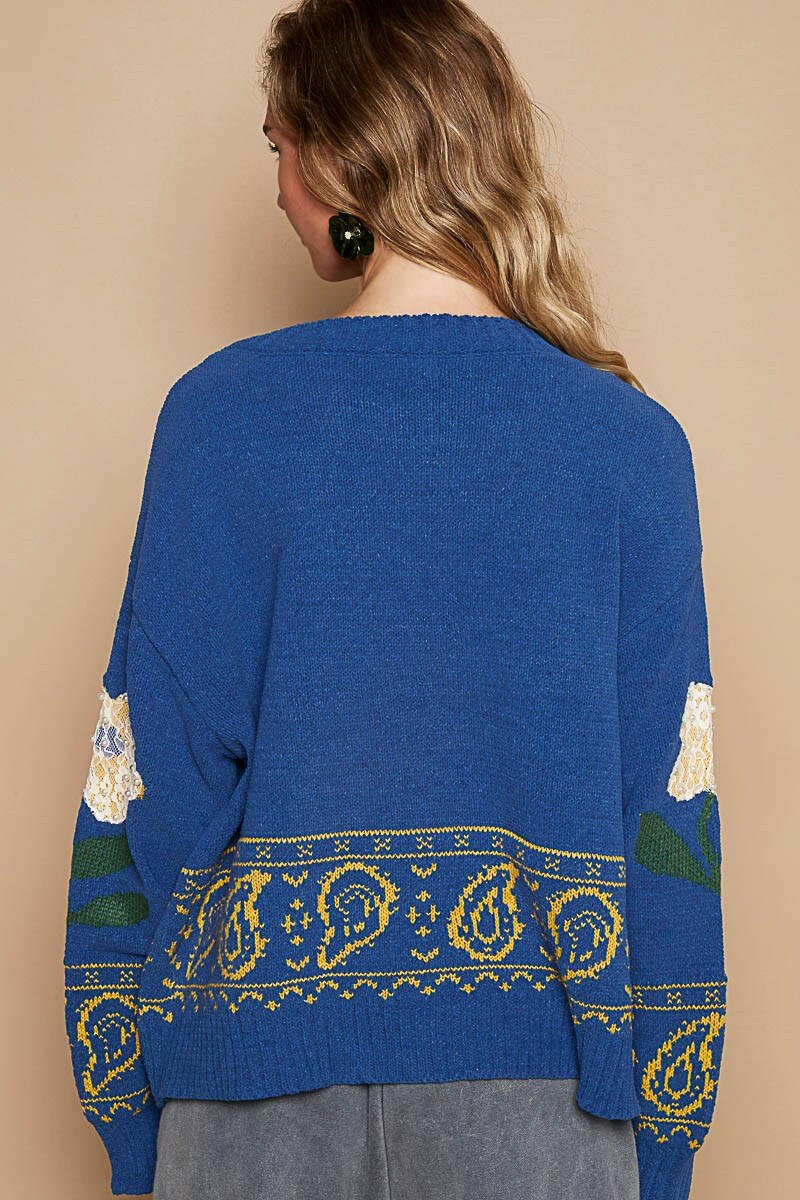 POL Flower Lace Patch Long Sleeve Sweater | Sleekdenim.com