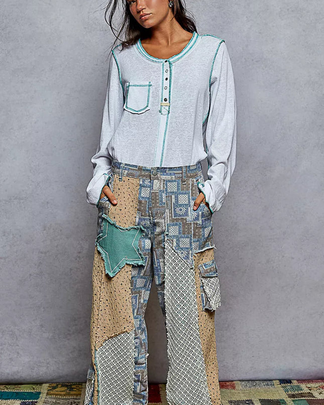 POL Round Neck Long Sleeve Top with Contrast Stitching - Sleekdenim.com