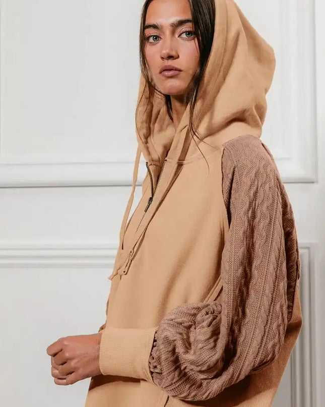 BiBi Half Zip French Terry Hoodie with Kint Sleeves - Sleekdenim.com