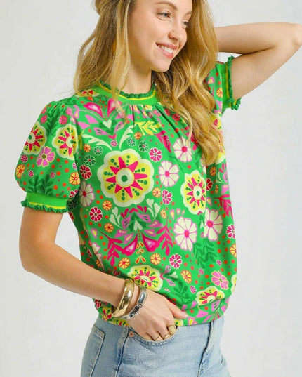 Umgee Retro Floral Puff Sleeve Top - Sleekdenim.com